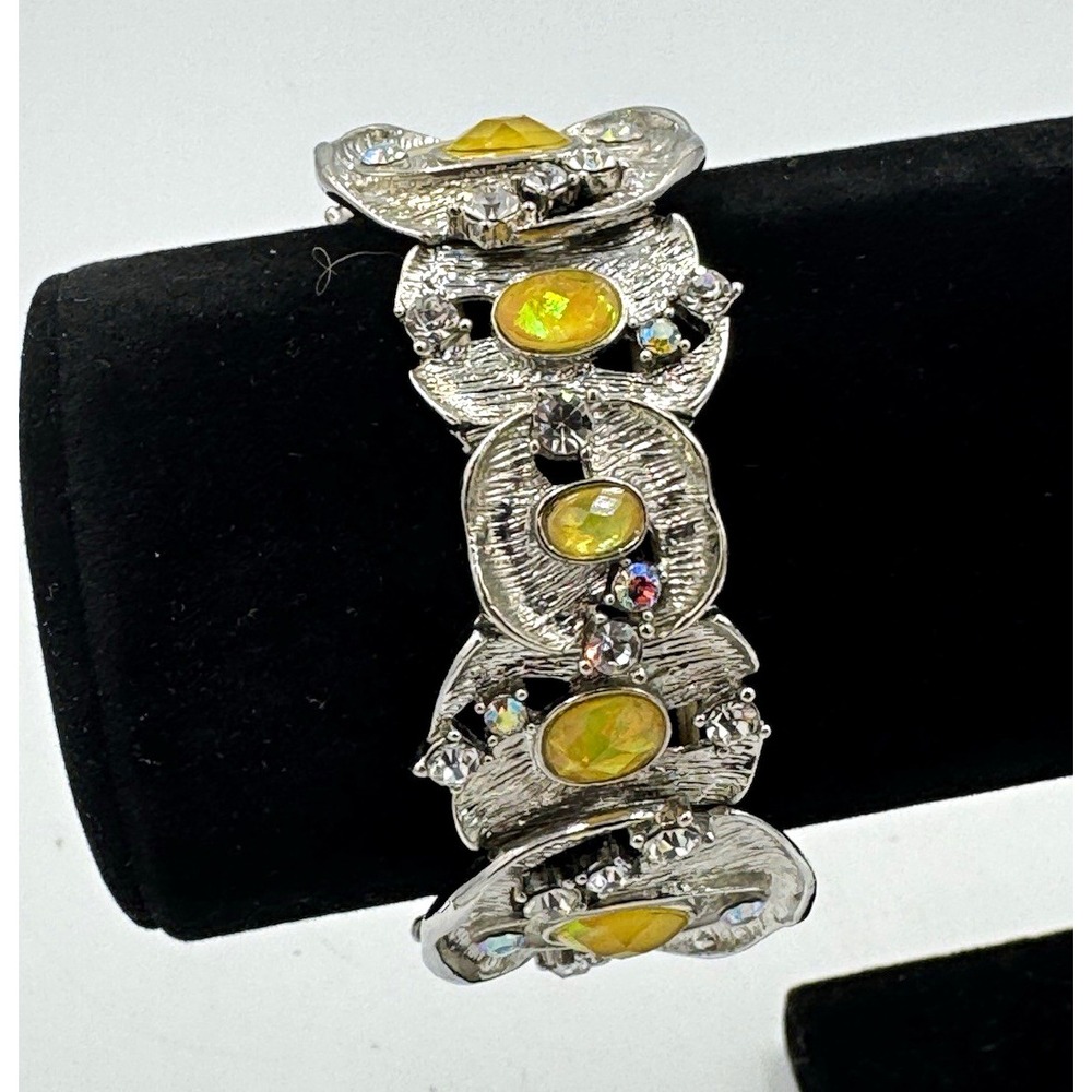 Silver Tone Stretch Bracelet w/ Yellow Oval Stones